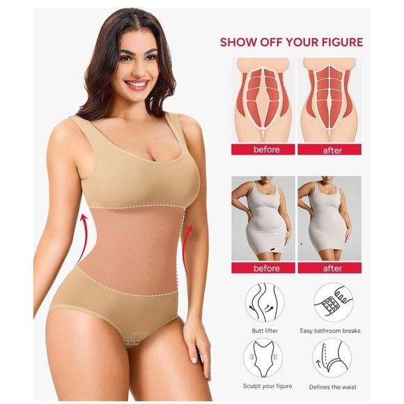 Nebility Womens' Waist Trainer Seamless Round Neck Tummy Control Shapewear Bodys - Picture 3 of 7